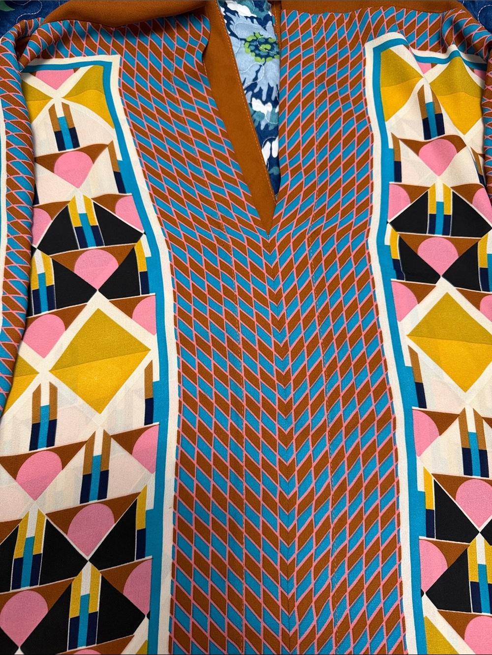 Geo-Print V-Neck Women's blouse in Rust, Pink & Mustard